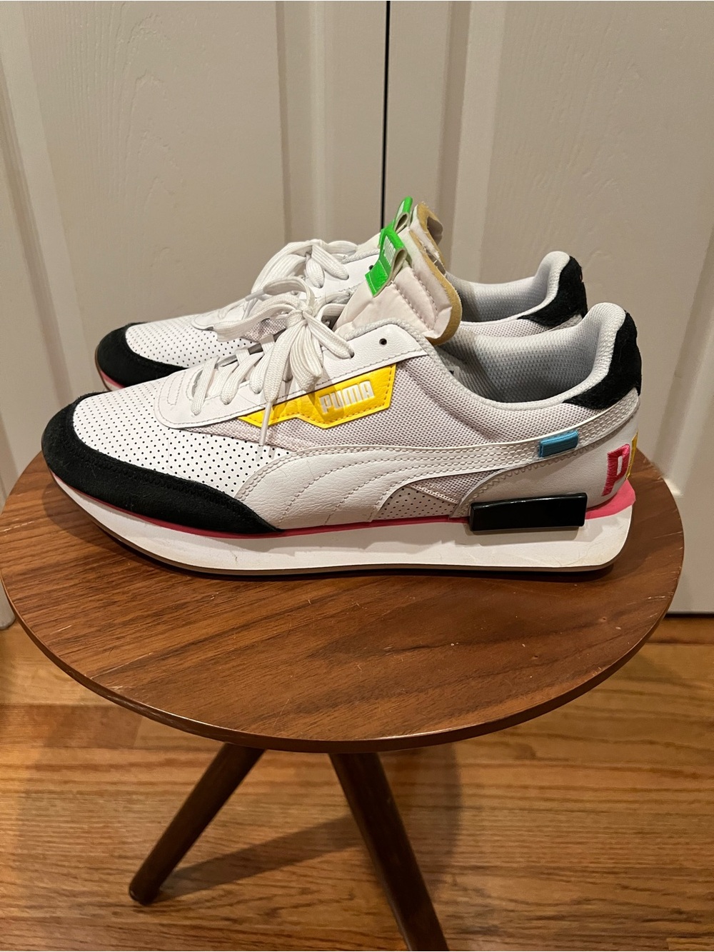 Puma White Sneakers with Yellow, Pink & Black Accents